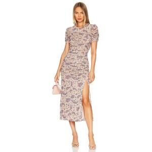 Free People Briella Midi tan floral dotted cinch side slit Dress XS -read